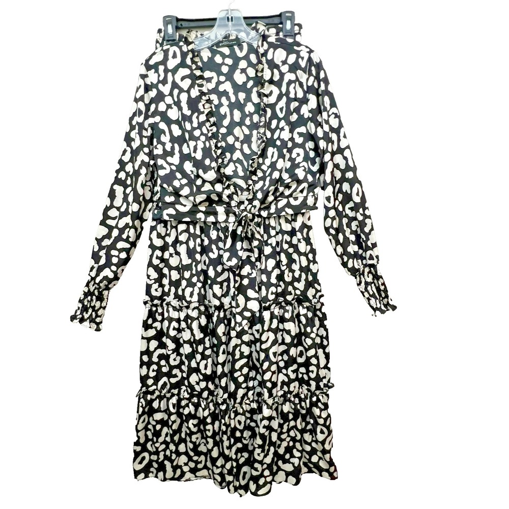 Black White Leopard Print Smocked Strapless Wide Leg Pants Set with Tie Jacket